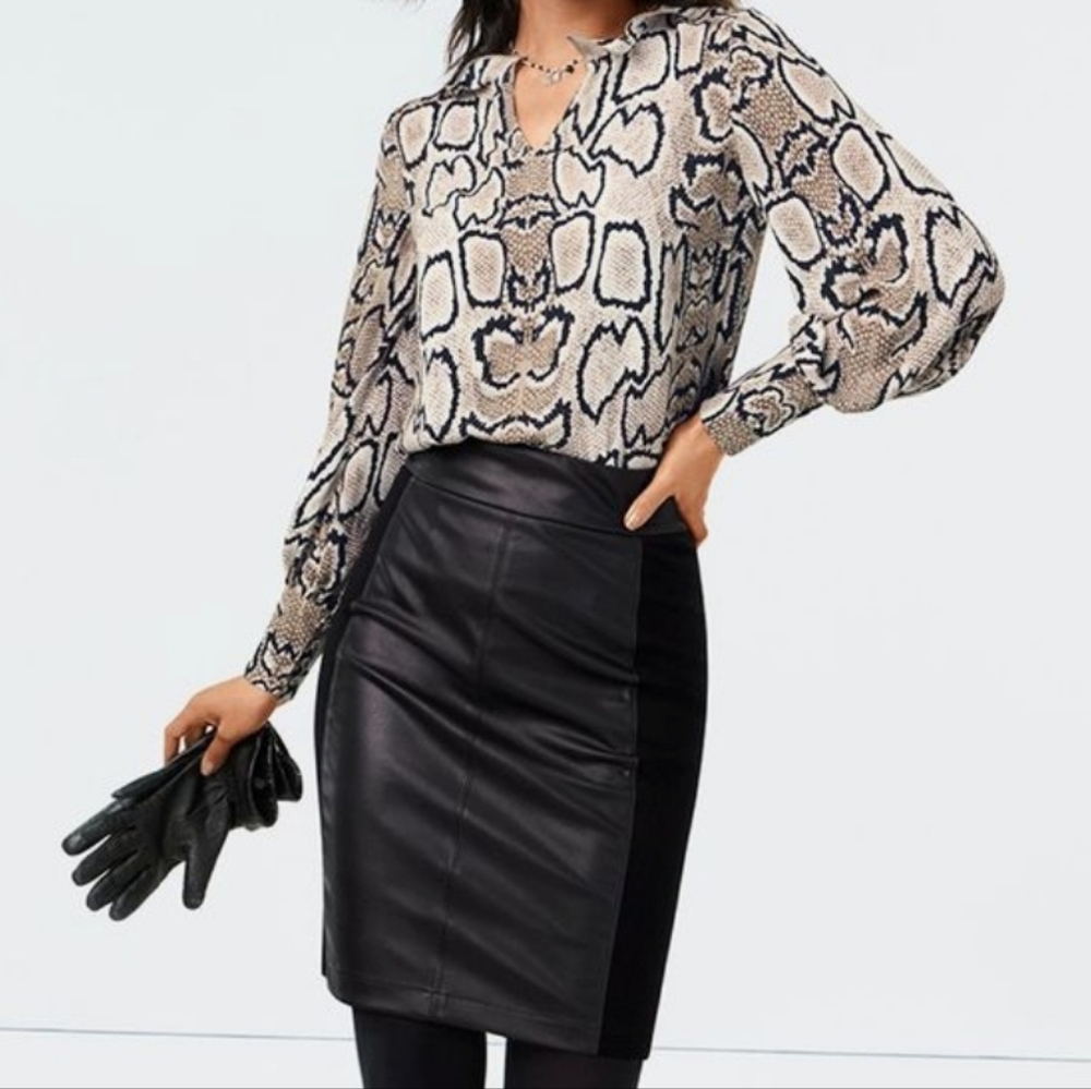 CAbi Navy Blue And Cream Graphic Long Sleeve Blouse